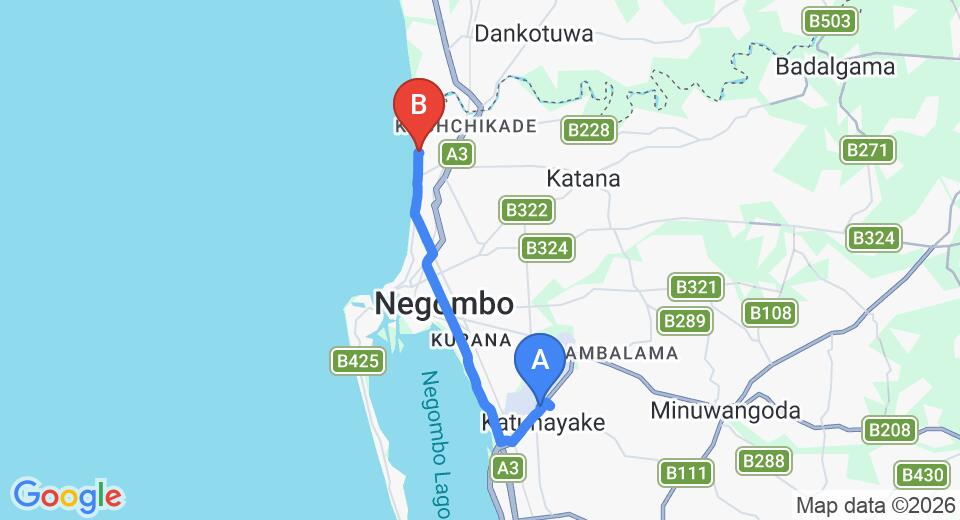 Driving route map: Colombo Airport (CMB) to Hotel Honors Club, Negombo (15 km, approx 36 min private transfer)