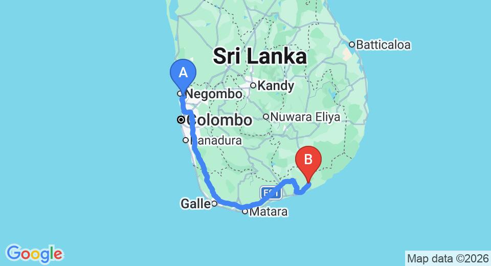 Driving route map: Colombo Airport (CMB) to Weerawila (281 km, approx 3 h 39 min private transfer)