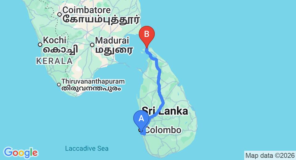 Driving route map: Ratmalana (RML) Airport to Jaffna (JAF) Airport (433 km, approx 8 h 36 min private transfer)