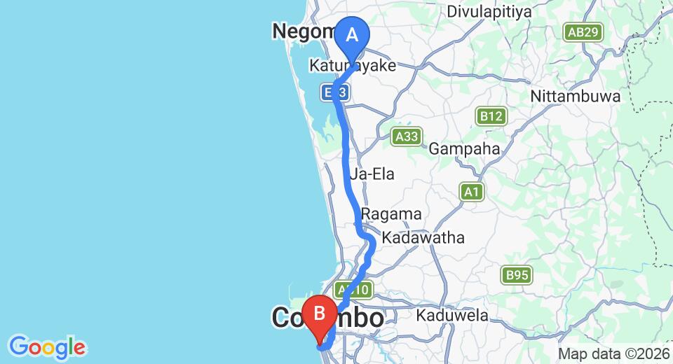 Driving route map: Colombo Airport (CMB) to Ocean Edge Suites & Hotel Colombo, Colombo (37 km, approx 52 min private transfer)