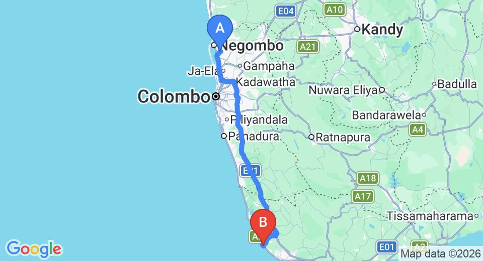 Driving route map: Colombo Airport (CMB) to Coco Mari Beach Villa, Hikkaduwa (144 km, approx 2 h 9 min private transfer)