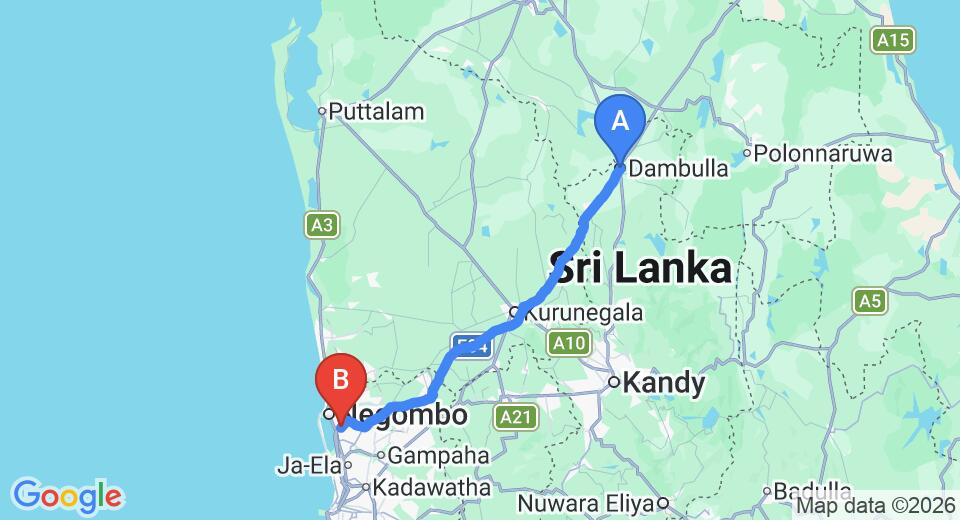 Driving route map: Dambulla to Colombo Airport (CMB) (129 km, approx 2 h 46 min private transfer)