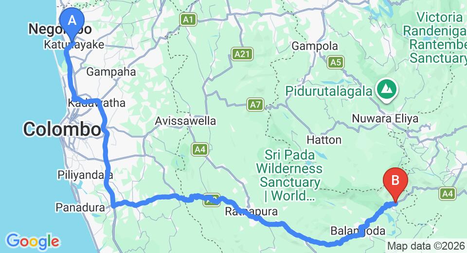 Driving route map: Colombo Airport (CMB) to Green Shadow Nature Resort, Ratnapura (183 km, approx 4 h 15 min private transfer)