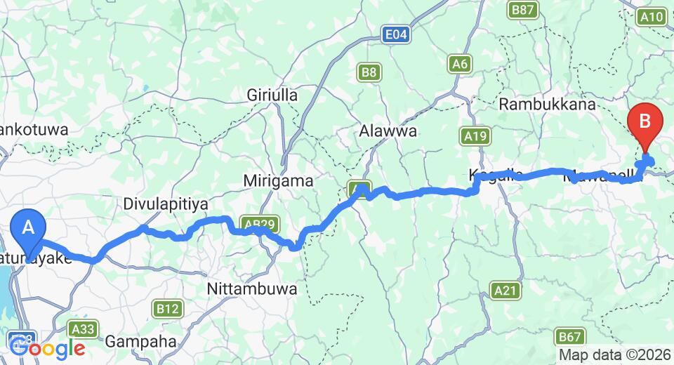 Driving route map: Colombo Airport (CMB) to Balana (88 km, approx 2 h 38 min private transfer)