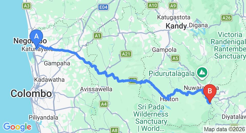 Driving route map: Colombo Airport (CMB) to Ambewela (164 km, approx 5 h 6 min private transfer)