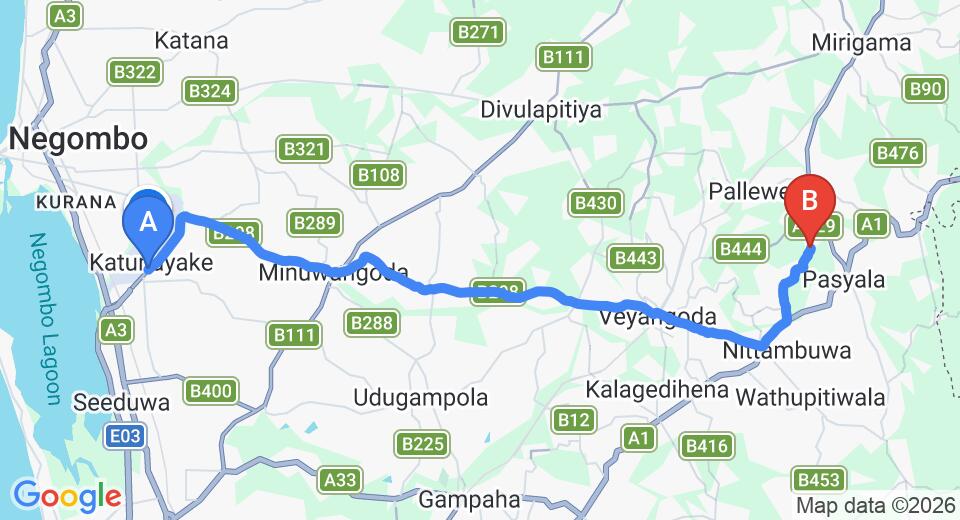 Driving route map: Colombo Airport (CMB) to Kumbaloluwa (31 km, approx 1 h 1 min private transfer)