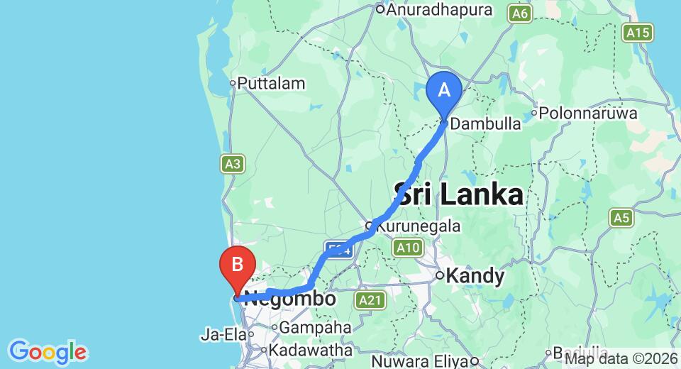 Driving route map: Dambulla to Negombo (131 km, approx 2 h 46 min private transfer)