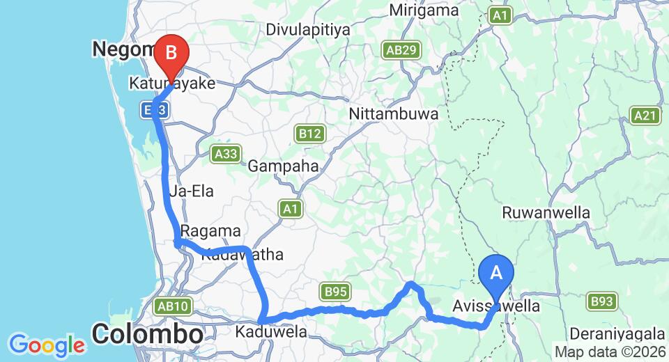 Driving route map: Avissawella to Colombo Airport (CMB) (68 km, approx 1 h 33 min private transfer)