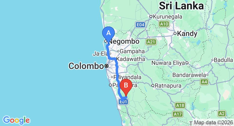 Driving route map: Colombo Airport (CMB) to Taprospa Culloden Villa, Kalutara (94 km, approx 1 h 31 min private transfer)