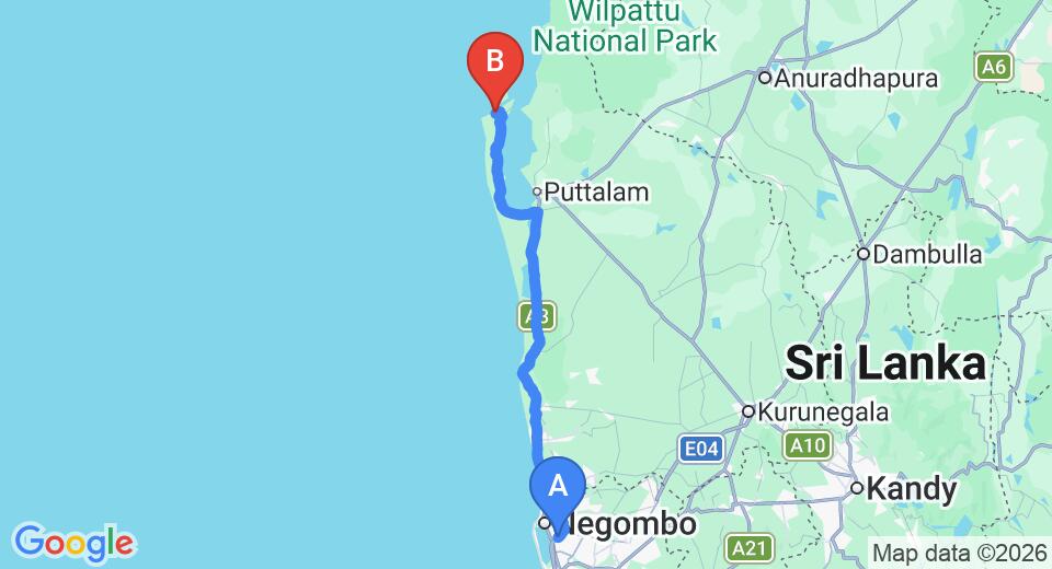 Driving route map: Colombo Airport (CMB) to Funky Far Nest Tropical Resort, Kalpitiya (140 km, approx 3 h 16 min private transfer)