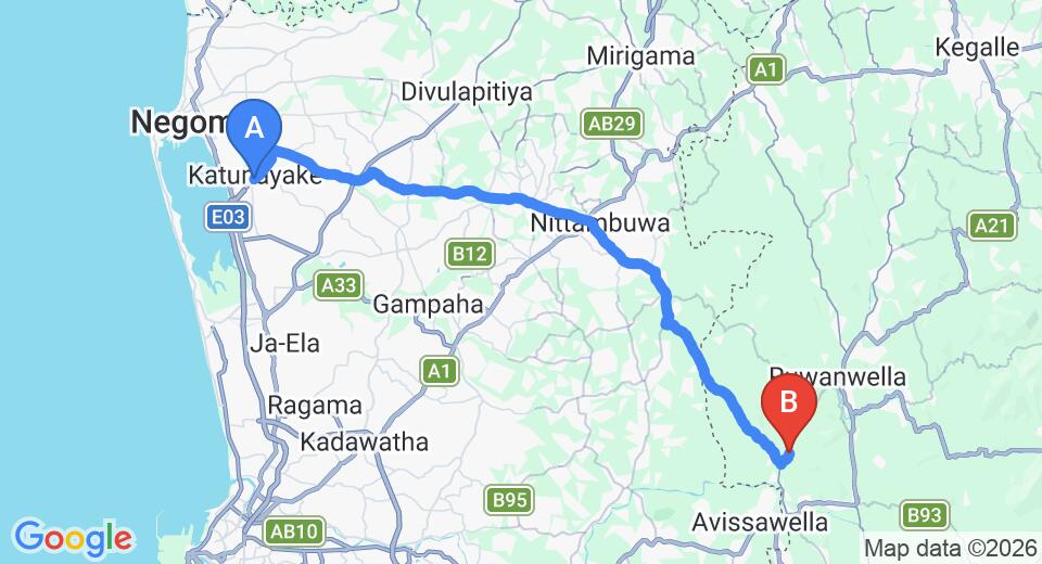 Driving route map: Colombo Airport (CMB) to Napawala (51 km, approx 1 h 32 min private transfer)