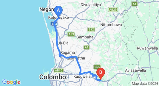 Driving route map: Colombo Airport (CMB) to Tittapattara (51 km, approx 1 h 1 min private transfer)