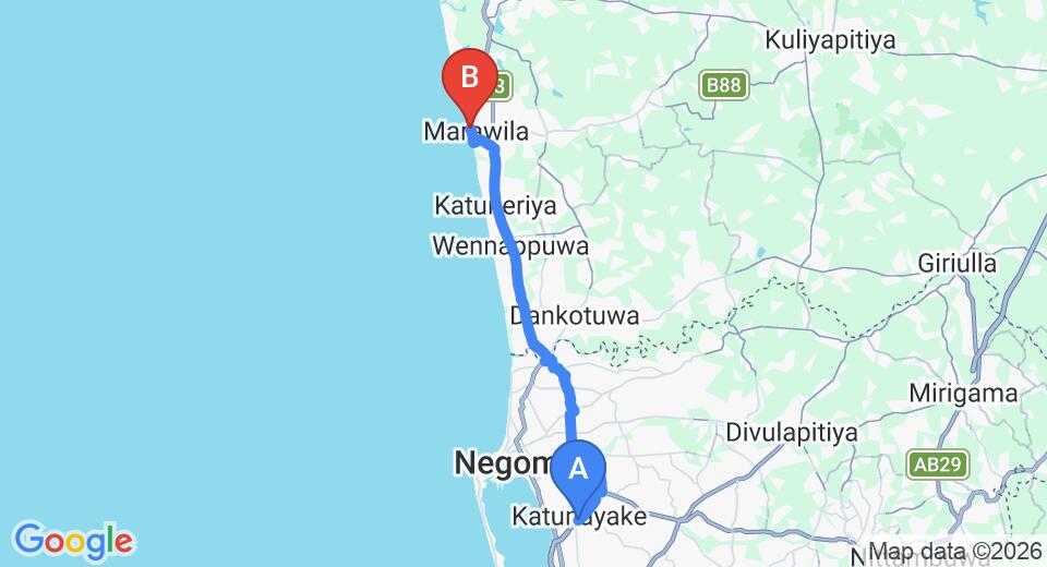 Driving route map: Colombo Airport (CMB) to The Cosy Beach, Marawila (34 km, approx 1 h 3 min private transfer)