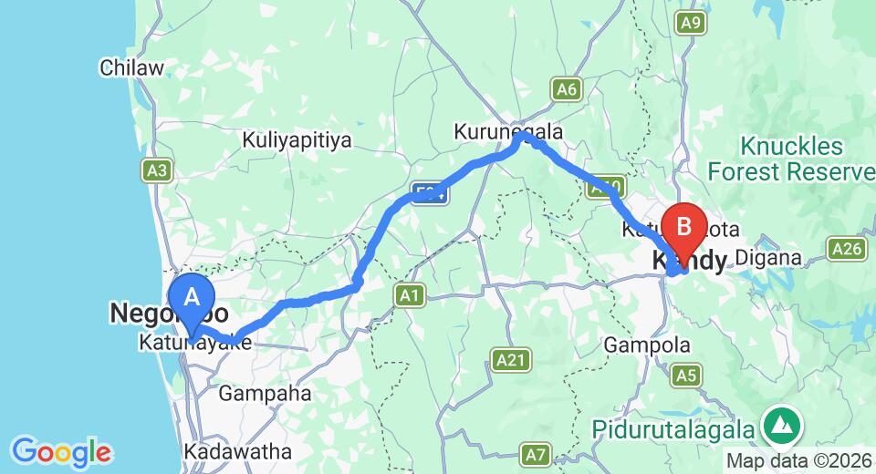 Driving route map: Colombo Airport (CMB) to FOX Resorts, Kandy (115 km, approx 2 h 56 min private transfer)