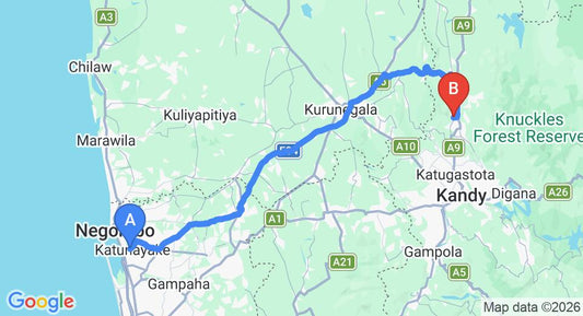 Driving route map: Colombo Airport (CMB) to Rock House Matale, Matale (124 km, approx 2 h 56 min private transfer)
