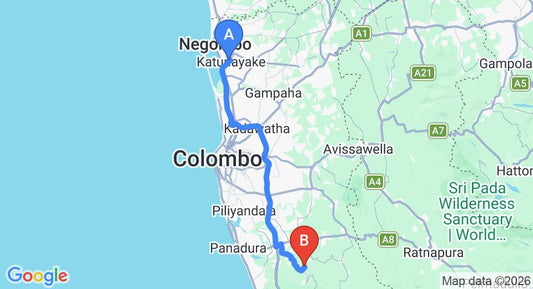 Driving route map: Colombo Airport (CMB) to Diyakiriththa Chalet, Yala (77 km, approx 1 h 23 min private transfer)