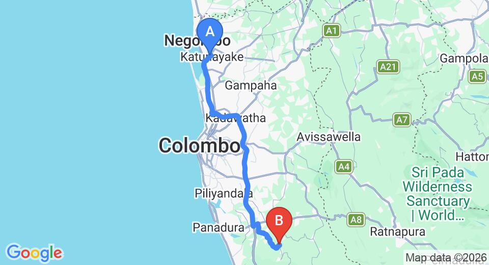 Driving route map: Colombo Airport (CMB) to The Secret Yala, Yala (77 km, approx 1 h 23 min private transfer)