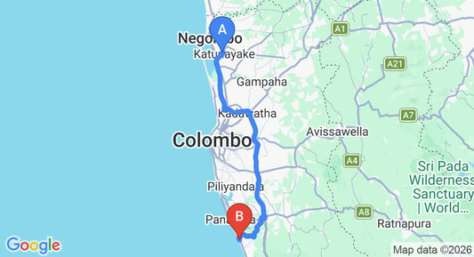 Driving route map: Colombo Airport (CMB) to Villa Ocean View Hotel, Wadduwa (79 km, approx 1 h 25 min private transfer)