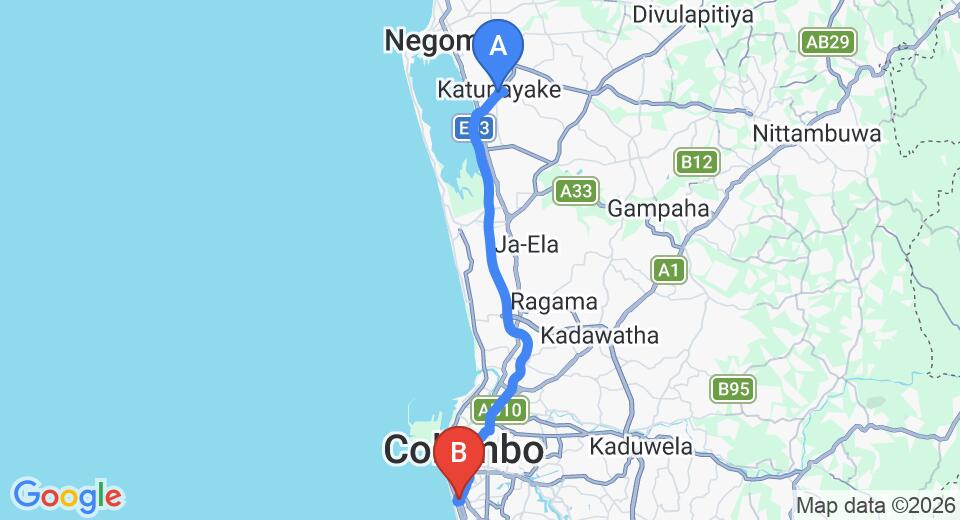 Driving route map: Colombo Airport (CMB) to D Villas, Colombo (37 km, approx 52 min private transfer)