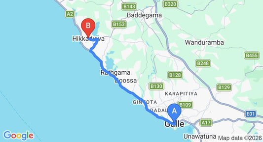 Driving route map: Galle to Hikkaduwa (20 km, approx 37 min private transfer)