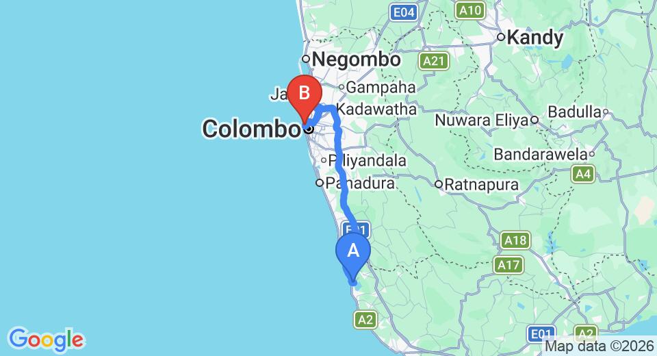 Driving route map: Ahungalla to Colombo Seaport (117 km, approx 1 h 59 min private transfer)