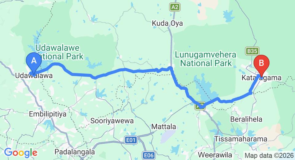 Driving route map: Udawalawe to Kataragama (72 km, approx 1 h 23 min private transfer)