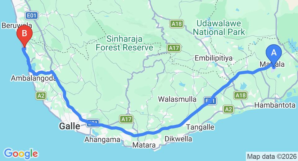 Driving route map: Mattala (HRI) Airport to Induruwa (164 km, approx 2 h 24 min private transfer)
