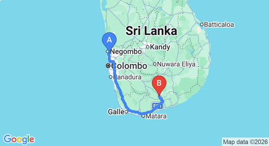 Driving route map: Colombo Airport (CMB) to Pavana Resort, Embilipitiya (244 km, approx 3 h 13 min private transfer)