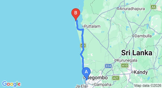 Driving route map: Colombo Airport (CMB) to Dickson beach cabanaa, kalkudah (127 km, approx 3 h 1 min private transfer)
