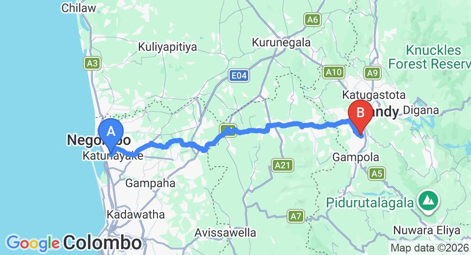 Driving route map: Colombo Airport (CMB) to Elegant Hotel, Kandy (100 km, approx 2 h 59 min private transfer)