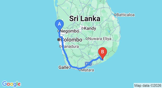 Driving route map: Colombo Airport (CMB) to Tamarind Tree, Thissamaharama, Tissamaharama (279 km, approx 3 h 43 min private transfer)