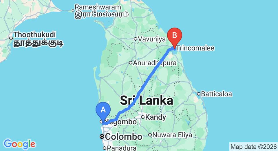 Driving route map: Colombo Airport (CMB) to Dutch Bay Beach Cottages, Trincomalee (239 km, approx 4 h 52 min private transfer)