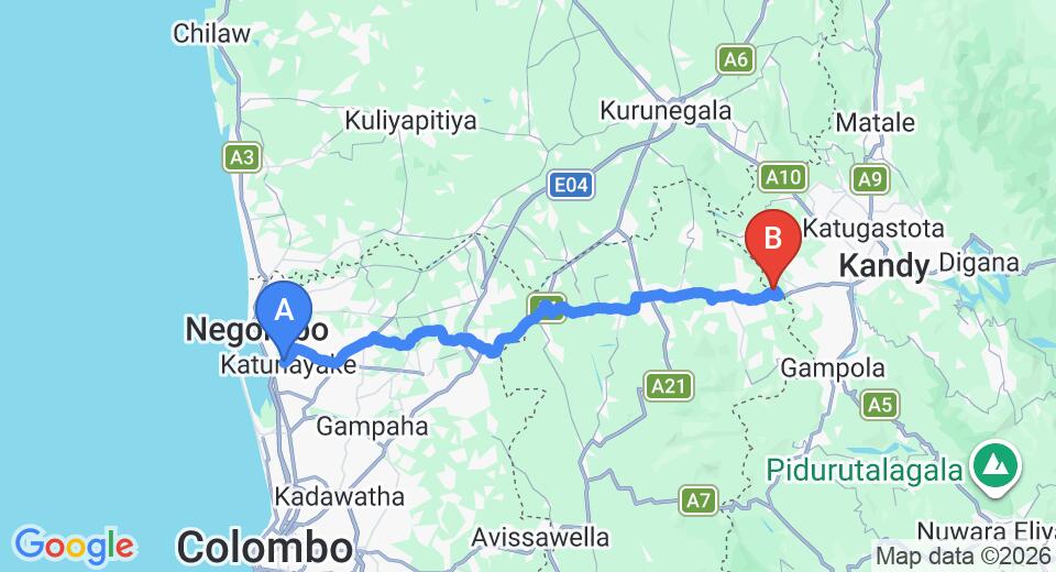 Driving route map: Colombo Airport (CMB) to Pristine Hills Eco Lodge, Kandy (87 km, approx 2 h 30 min private transfer)