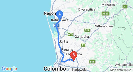 Driving route map: Colombo Airport (CMB) to Gonawala (33 km, approx 44 min private transfer)