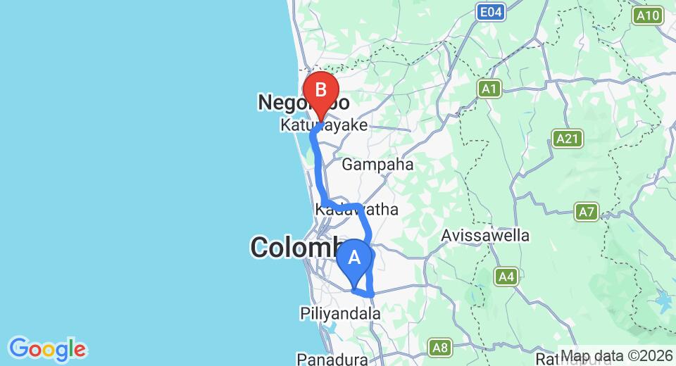 Driving route map: Pannipitiya to Colombo Airport (CMB) (51 km, approx 50 min private transfer)