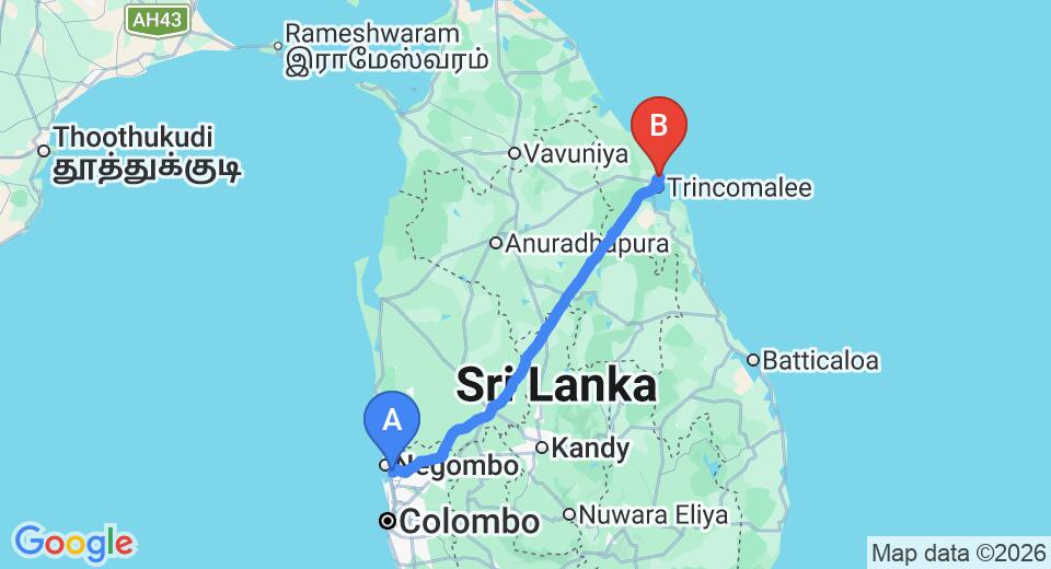 Driving route map: Colombo Airport (CMB) to Pearl Oceanic Resort, Trincomalee (242 km, approx 4 h 58 min private transfer)