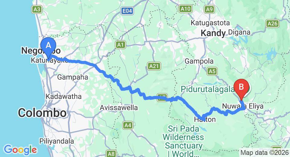 Driving route map: Colombo Airport (CMB) to Chez Allen, Nuwara Eliya (156 km, approx 4 h 53 min private transfer)