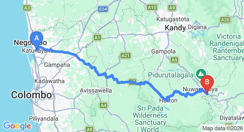 Driving route map: Colombo Airport (CMB) to Hotel Ashford, Nuwara Eliya (158 km, approx 4 h 52 min private transfer)
