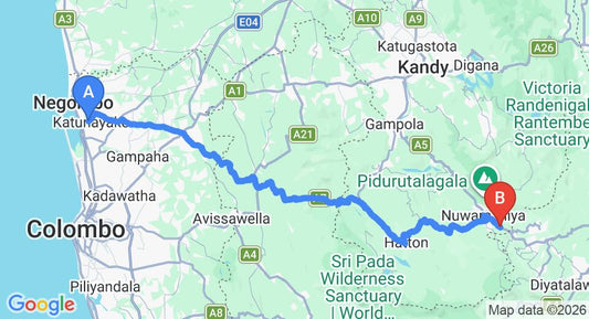 Driving route map: Colombo Airport (CMB) to Hotel Ashford, Nuwara Eliya (158 km, approx 4 h 52 min private transfer)