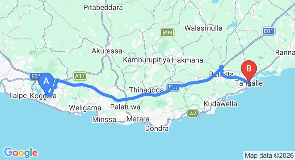 Driving route map: Koggala to Tangalle (62 km, approx 1 h 5 min private transfer)