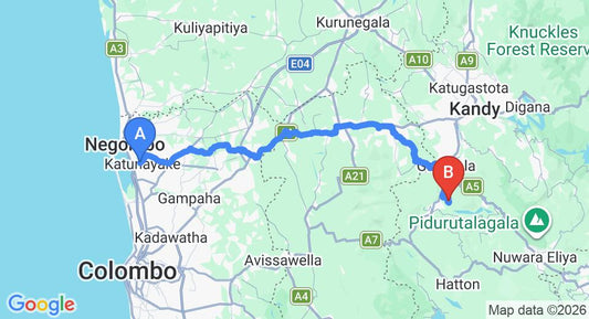 Driving route map: Colombo Airport (CMB) to Kotmale Holiday Resort, Nuwara Eliya (117 km, approx 3 h 30 min private transfer)
