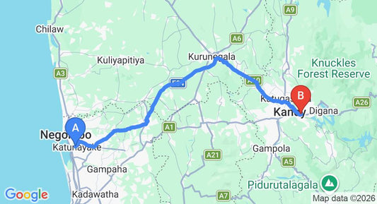Driving route map: Colombo Airport (CMB) to Kundasale Holiday Home, Kandy (118 km, approx 2 h 58 min private transfer)