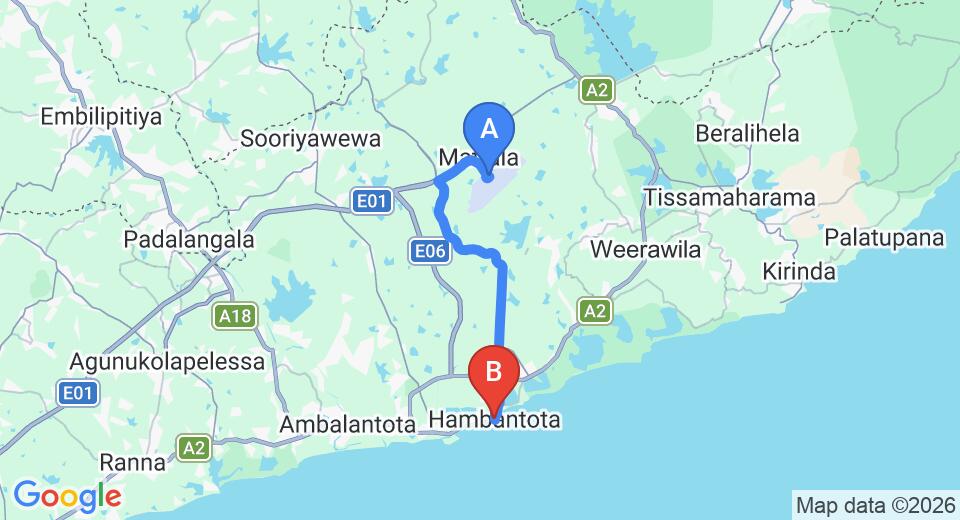 Driving route map: Mattala (HRI) Airport to Hambantota (27 km, approx 30 min private transfer)