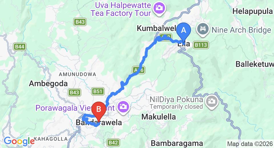 Driving route map: Ella to Bandarawela (14 km, approx 31 min private transfer)
