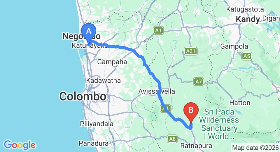Driving route map: Colombo Airport (CMB) to Bopath Falls Rock Chalets, Ratnapura (87 km, approx 2 h 30 min private transfer)