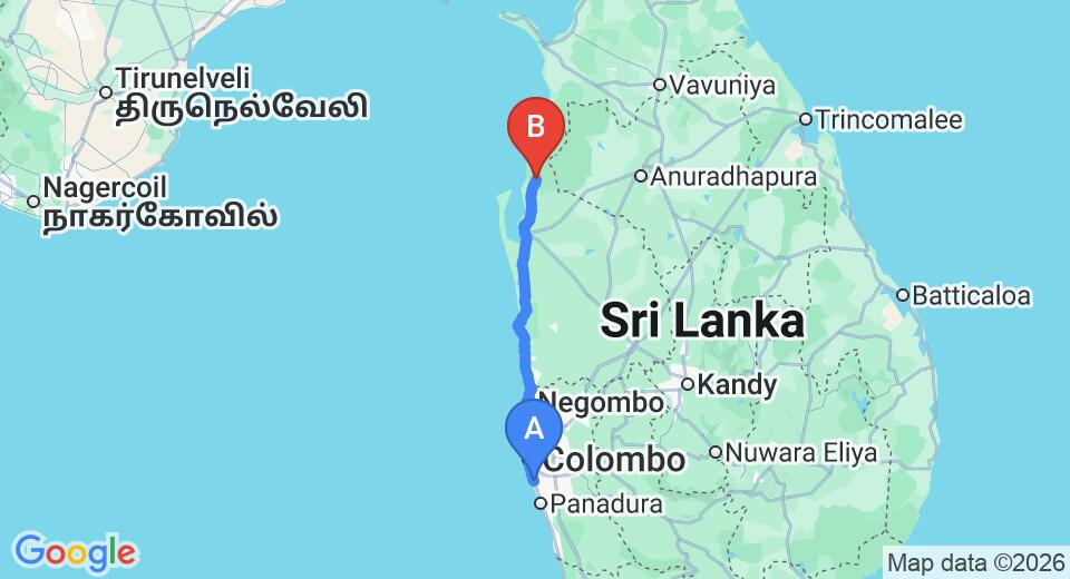 Driving route map: Ratmalana (RML) Airport to Wilpattu (179 km, approx 4 h 21 min private transfer)