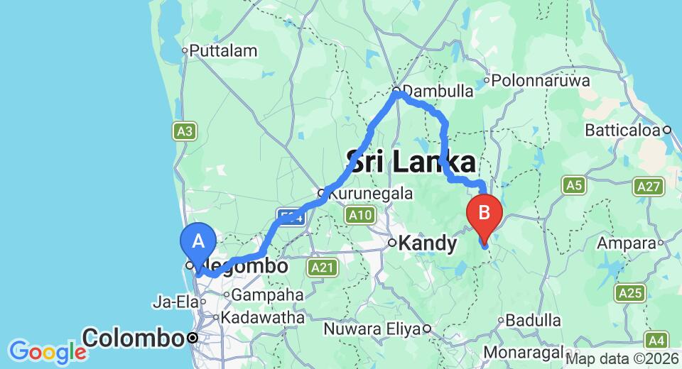 Driving route map: Colombo Airport (CMB) to Tikiri Villa, Mahiyanganaya (227 km, approx 4 h 47 min private transfer)