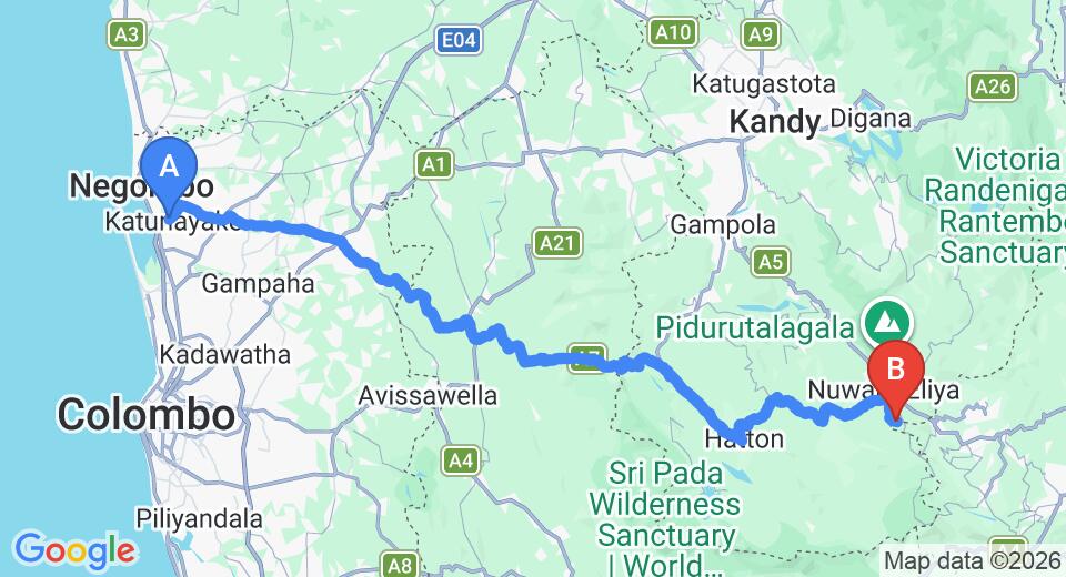 Driving route map: Colombo Airport (CMB) to The Forest and Lake, Nuwara Eliya (156 km, approx 4 h 52 min private transfer)
