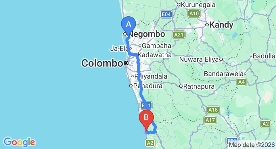 Driving route map: Colombo Airport (CMB) to Maduganga Villa Amazing Island Resort, Balapitiya (130 km, approx 1 h 58 min private transfer)
