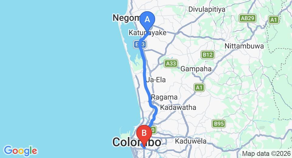 Driving route map: Colombo Airport (CMB) to Borella (33 km, approx 42 min private transfer)